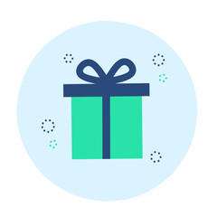 A flat round icon of a gift box in blue and green tones surrounded by decorative dotted circles for celebration, reward, and special occasion concepts