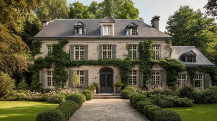 Obraz premium Refined Luxembourg countryside estate with symmetrical stone design dormer windows and ivy along the walls
