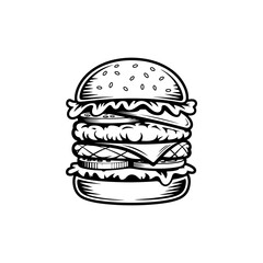 A simple black and white vector icon of a tall stacked double or triple cheeseburger with layers of bun lettuce cheese patties and vegetables. The style is bold and retro.
