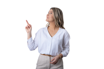 Young woman pointing up smiling having idea