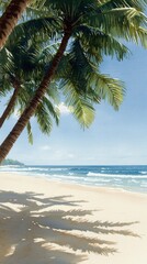 Watercolor painting of palm trees casting shadows on a sandy beach, with ocean waves and a blue sky in the background. Sunny day.
