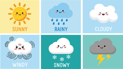 Cute weather icons, cartoon clouds and sun, smiling faces, educational design, kids theme, colorful style, flat vector illustration