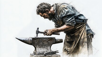 A blacksmith meticulously forging metal on an anvil with his hammer