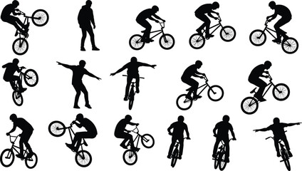 Obraz premium Vector BMX bicycle rider silhouette set collection, extreme sport athletes performing stunts, tricks, and riding on bike for cycling design illustration.
