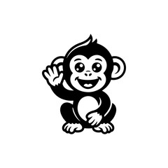 A simple black and white vector drawing of a cute happy friendly monkey or chimpanzee mascot with large eyes waving its hand. The style is childlike and minimalist.