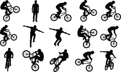 Obraz premium Vector BMX bicycle rider silhouette set collection, extreme sport athletes performing stunts, tricks, and riding on bike for cycling design illustration.