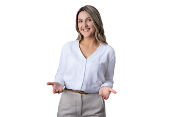 Businesswoman gesturing welcome during professional presentation, transparent background © Nansitch