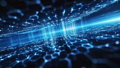 Abstract glowing blue digital network flowing through a dark cyber space with hexagonal patterns, concept for technology, innovation and connectivity.