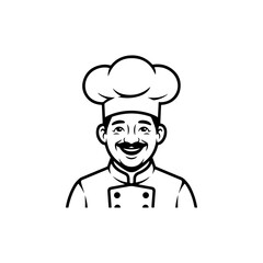 A simple black and white vector avatar of a professional smiling chef or baker wearing a toque hat and uniform. The man has a classic mustache and a friendly expression.