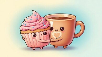 Cute cartoon cupcake and coffee mug hugging each other with happy faces isolated on white background