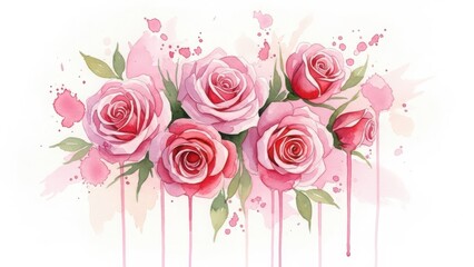 A beautiful watercolor bouquet of pink roses with green leaves and delicate pink splashes isolated on white background