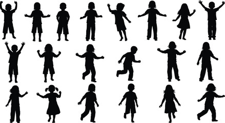 Vector children and kids silhouette set collection, young boys and girls running, jumping, and playing poses for education, fun, and childhood design.