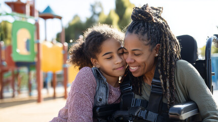 Happy candid mixed race mother and disabled child in a wheelchair spending time together in a park playground. Supportive inclusive family with handicapped children. Inclusion & diversity	
