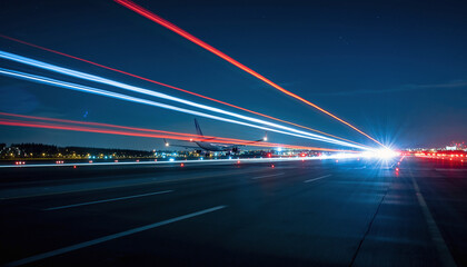Nighttime Airport Runway with Airplane Lights Trails Aviation Travel, Long Exposure, Airplane Takeoff or Landing Concept.