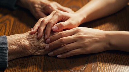 Close-up top-down view of elderly mans hands gently held by young womans hands on wooden table. Intergenerational family bond and affectionate connection concept in tender moment sequence.