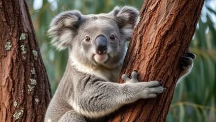 Obraz premium Cute koala peeking cautiously from behind a eucalyptus tree trunk in its natural Australian habitat.