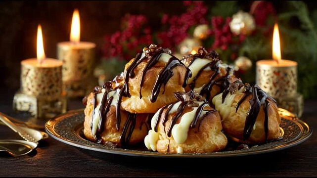 Profiteroles With Chocolate Drizzle And Festive Candles