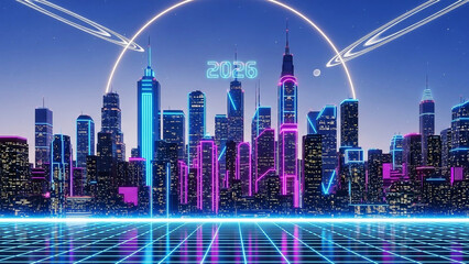 Vivid 80s Aesthetic Background – Chrome Cityscape with Glowing Planetary Rings and Cyberpunk Neon