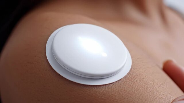 Woman applying white circular patch to shoulder in closeup. Glowing medical device attachment and removal sequence. Macro view of skin contact for health treatment.