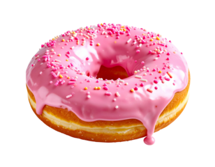 Pink frosted donut with colorful sprinkles on black background