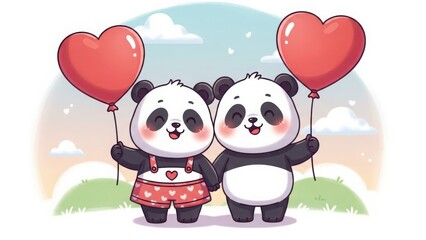 Two cute cartoon pandas holding red heart shaped balloons in a whimsical winter landscape isolated on white background