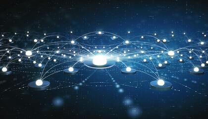 Abstract digital network connections with glowing dots, representing data flow, cloud computing, and cybersecurity.