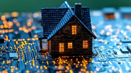 Tiny house nestled on glowing circuit board