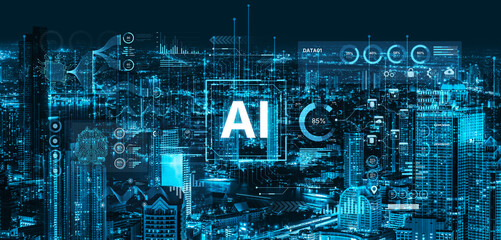 A futuristic AI dashboard for business intelligence. This platform showcases advanced data analytics, processing complex information into visual charts and graphs for strategic insights. Fermion