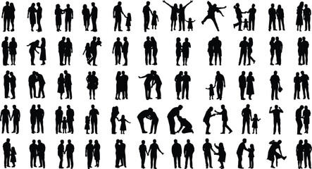 Vector large people silhouette set collection, diverse adults, couples, and family figures standing, walking, and interacting poses for graphic design.