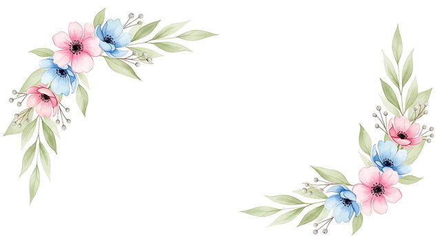 Delicate watercolor floral corner accents with soft pink and blue flowers and green leaves