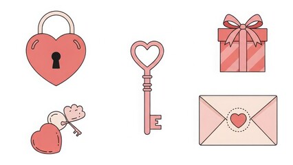 Collection of romantic heart shaped lock key envelope and gift box illustrations isolated on white background