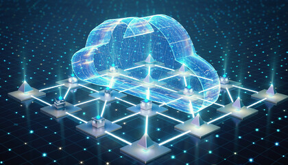 Digital Cloud Computing Concept Futuristic Network with Illuminated Cloud, Data Nodes, and Connection Lines.