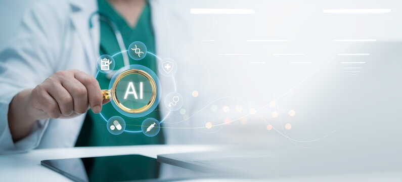 Doctor analyzing  digital AI medical icon with  magnifying glass represents advanced healthcare intelligence, smart diagnostics and data driven decision making in modern clinical technology systems