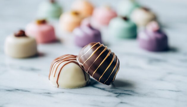 Gourmet chocolates artfully arranged on a luxurious marble surface with a blurred background of colorful confections, concept for confectionery brands, dessert menus and luxury gifting.