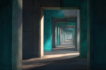 Obraz premium Perspective shot of a concrete corridor, illuminated by sunlight through teal openings