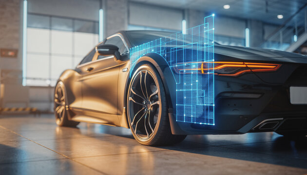 Futuristic Car in Modern Garage with Digital Overlay Automotive Technology, Car Diagnostics, and Engineering Illustration.