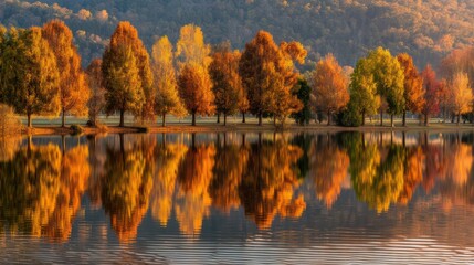 Reflective lake surface mirroring fiery autumn trees sharp ripples in foreground rendered precisely subtle haze adds atmospheric depth