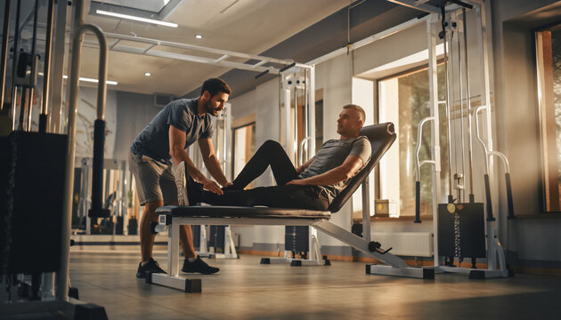 Gym Workout Personal Trainer Guiding Male Client. Fitness Routine, Exercise Machine, Bodybuilding, Muscle Training, Strength, Health and Wellness.