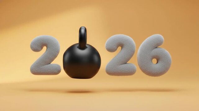 Black kettlebell integrates with gray numbers to form 2026 on orange background. Animated new year fitness resolution concept. Motivational gym equipment visualization for future goals.