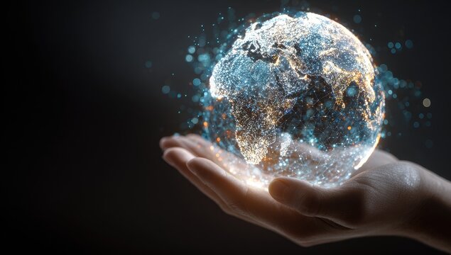 Digitized Earth held in a human hand, glowing with particles. Concept of technology and the globe - Powered by Adobe