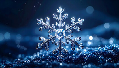 A detailed macro photograph capturing the exquisite hexagonal symmetry of a single ice crystal snowflake, glittering like a precious jewel on a bed of sparkling blue frost