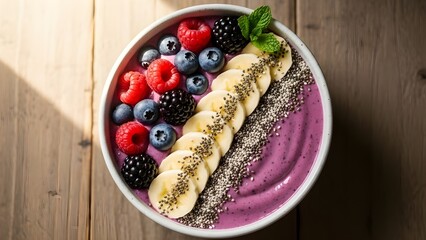Purple smoothie bowl topped with banana slices, strawberries, blueberries and seeds
