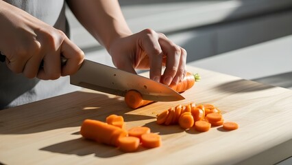 Woman slicing fresh carrots on a natural wooden cutting board in bright kitchen