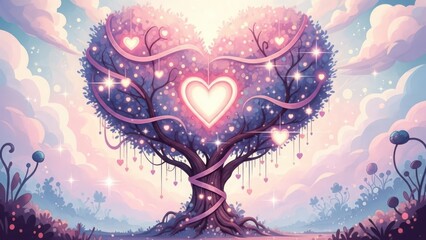 Enchanting heart shaped tree adorned with glowing lights and ribbons in a dreamy landscape isolated on white background