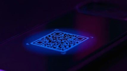Pulsing glowing QR code overlay brightening on phone glass near camera, responding to scan - Powered by Adobe