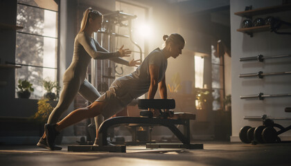 Fitness Coach Assisting Woman with Pushups on Bench in Gym Exercise, Training, Workout, Health, Wellness, Strength.