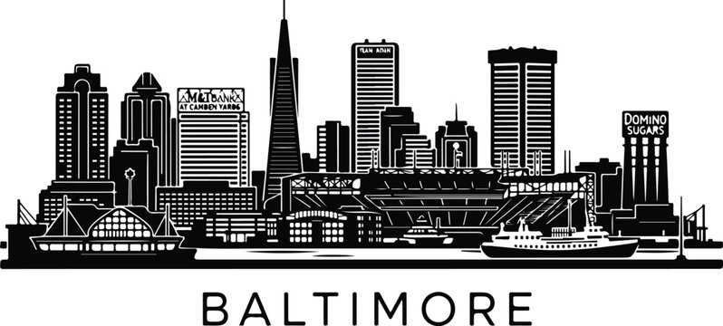 Baltimore city skyline with harbor and ships illustration