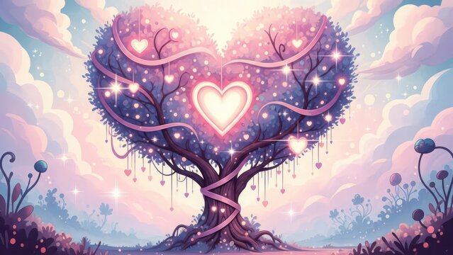 Enchanting heart shaped tree adorned with glowing lights and ribbons in a dreamy landscape isolated on white background