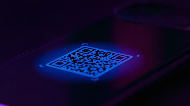 Pulsing glowing QR code overlay brightening on phone glass near camera, responding to scan