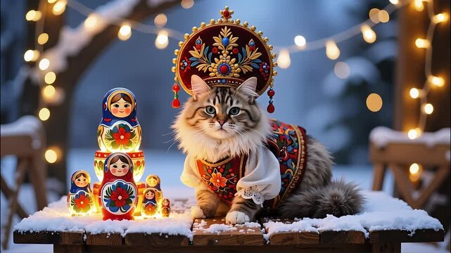 Russian winter cat in traditional costume with matryoshka dolls on snowy festive table